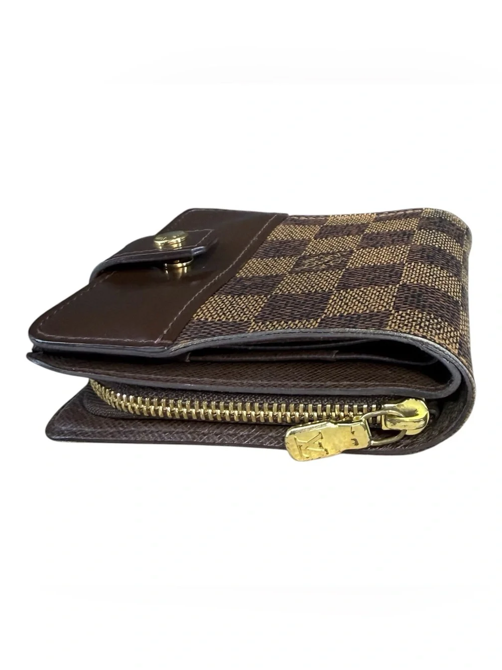 Louis Vuitton Damier Ebene Compact Wallet Brown Leather Snap Zipper Box Dust Bag